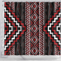Red Tukutuku Pattern Aotearoa Shower Curtain Niho Taniwha and Puhoro Motifs