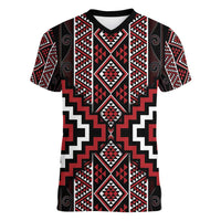 Red Tukutuku Pattern Aotearoa Women V-Neck T-Shirt Niho Taniwha and Puhoro Motifs LT7 Female Red - Polynesian Pride
