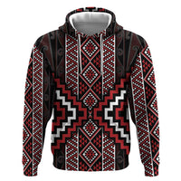 Red Tukutuku Pattern Aotearoa Zip Hoodie Niho Taniwha and Puhoro Motifs