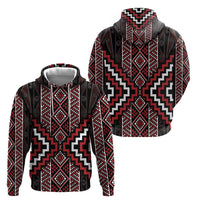 Red Tukutuku Pattern Aotearoa Zip Hoodie Niho Taniwha and Puhoro Motifs