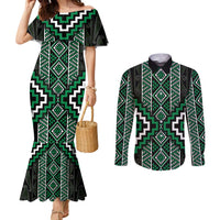 Jade Tukutuku Pattern Aotearoa Couples Matching Mermaid Dress and Long Sleeve Button Shirt Niho Taniwha and Puhoro Motifs