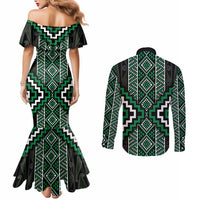 Jade Tukutuku Pattern Aotearoa Couples Matching Mermaid Dress and Long Sleeve Button Shirt Niho Taniwha and Puhoro Motifs