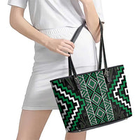 Jade Tukutuku Pattern Aotearoa Leather Tote Bag Niho Taniwha and Puhoro Motifs