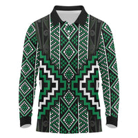 Jade Tukutuku Pattern Aotearoa Long Sleeve Polo Shirt Niho Taniwha and Puhoro Motifs