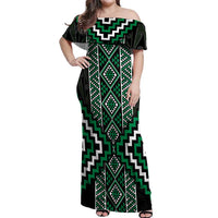 Jade Tukutuku Pattern Aotearoa Off Shoulder Maxi Dress Niho Taniwha and Puhoro Motifs LT7 Women Green - Polynesian Pride