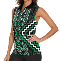 Jade Tukutuku Pattern Aotearoa Women Sleeveless Polo Shirt Niho Taniwha and Puhoro Motifs