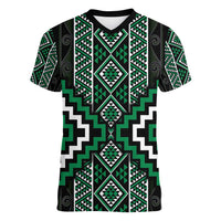 Jade Tukutuku Pattern Aotearoa Women V-Neck T-Shirt Niho Taniwha and Puhoro Motifs LT7 Female Green - Polynesian Pride
