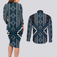 Azure Tukutuku Pattern Aotearoa Couples Matching Long Sleeve Bodycon Dress and Long Sleeve Button Shirt Niho Taniwha and Puhoro Motifs