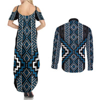 Azure Tukutuku Pattern Aotearoa Couples Matching Summer Maxi Dress and Long Sleeve Button Shirt Niho Taniwha and Puhoro Motifs