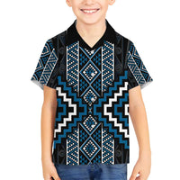 Azure Tukutuku Pattern Aotearoa Family Matching Long Sleeve Bodycon Dress and Hawaiian Shirt Niho Taniwha and Puhoro Motifs