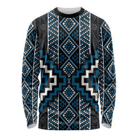 Azure Tukutuku Pattern Aotearoa Long Sleeve Shirt Niho Taniwha and Puhoro Motifs LT7 Unisex Blue - Polynesian Pride