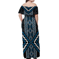 Azure Tukutuku Pattern Aotearoa Off Shoulder Maxi Dress Niho Taniwha and Puhoro Motifs LT7 - Polynesian Pride