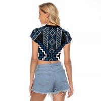 Azure Tukutuku Pattern Aotearoa Raglan Cropped T Shirt Niho Taniwha and Puhoro Motifs LT7 - Polynesian Pride
