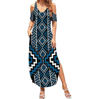 Azure Tukutuku Pattern Aotearoa Summer Maxi Dress Niho Taniwha and Puhoro Motifs LT7 Women Blue - Polynesian Pride