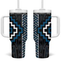 Azure Tukutuku Pattern Aotearoa Tumbler With Handle Niho Taniwha and Puhoro Motifs LT7 One Size: 40 oz Blue - Polynesian Pride