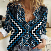 Azure Tukutuku Pattern Aotearoa Women Casual Shirt Niho Taniwha and Puhoro Motifs