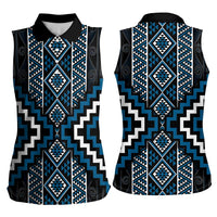 Azure Tukutuku Pattern Aotearoa Women Sleeveless Polo Shirt Niho Taniwha and Puhoro Motifs