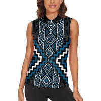 Azure Tukutuku Pattern Aotearoa Women Sleeveless Polo Shirt Niho Taniwha and Puhoro Motifs