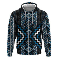 Azure Tukutuku Pattern Aotearoa Zip Hoodie Niho Taniwha and Puhoro Motifs