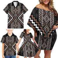 Classic Tukutuku Pattern Aotearoa Family Matching Off Shoulder Short Dress and Hawaiian Shirt Niho Taniwha and Puhoro Motifs