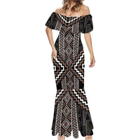 Classic Tukutuku Pattern Aotearoa Mermaid Dress Niho Taniwha and Puhoro Motifs