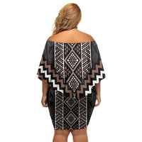 Classic Tukutuku Pattern Aotearoa Off Shoulder Short Dress Niho Taniwha and Puhoro Motifs LT7 - Polynesian Pride