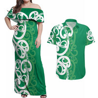Pounamu Green Maori Couples Matching Off Shoulder Maxi Dress and Hawaiian Shirt Koru Kowhaiwhai - Polynesian Pride