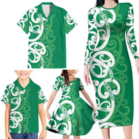 Pounamu Green Maori Family Matching Long Sleeve Bodycon Dress and Hawaiian Shirt Koru Kowhaiwhai - Polynesian Pride