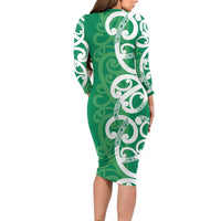 Pounamu Green Maori Family Matching Long Sleeve Bodycon Dress and Hawaiian Shirt Koru Kowhaiwhai - Polynesian Pride