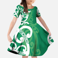 Pounamu Green Maori Family Matching Off The Shoulder Long Sleeve Dress and Hawaiian Shirt Koru Kowhaiwhai - Polynesian Pride