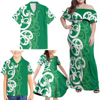Pounamu Green Maori Family Matching Off Shoulder Maxi Dress and Hawaiian Shirt Koru Kowhaiwhai - Polynesian Pride
