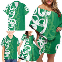 Pounamu Green Maori Family Matching Off Shoulder Short Dress and Hawaiian Shirt Koru Kowhaiwhai - Polynesian Pride