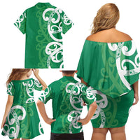 Pounamu Green Maori Family Matching Off Shoulder Short Dress and Hawaiian Shirt Koru Kowhaiwhai - Polynesian Pride