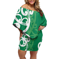 Pounamu Green Maori Family Matching Off Shoulder Short Dress and Hawaiian Shirt Koru Kowhaiwhai - Polynesian Pride