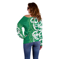 Pounamu Green Maori Off Shoulder Sweater Koru Kowhaiwhai LT7 - Polynesian Pride