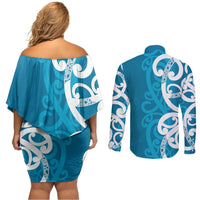 Azure Blue Maori Couples Matching Off Shoulder Short Dress and Long Sleeve Button Shirt Koru Kowhaiwhai LT7 - Polynesian Pride