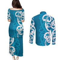 Azure Blue Maori Couples Matching Puletasi and Long Sleeve Button Shirt Koru Kowhaiwhai LT7 - Polynesian Pride