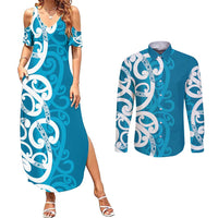 Azure Blue Maori Couples Matching Summer Maxi Dress and Long Sleeve Button Shirt Koru Kowhaiwhai LT7 Blue - Polynesian Pride