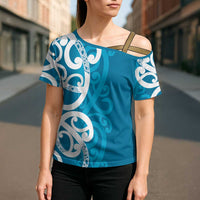 Azure Blue Maori Cross Shoulder Shirt Koru Kowhaiwhai LT7 - Polynesian Pride