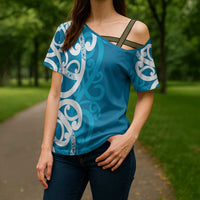 Azure Blue Maori Cross Shoulder Shirt Koru Kowhaiwhai LT7 - Polynesian Pride