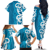 Azure Blue Maori Family Matching Off The Shoulder Long Sleeve Dress and Hawaiian Shirt Koru Kowhaiwhai - Polynesian Pride