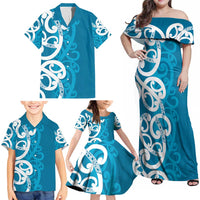 Azure Blue Maori Family Matching Off Shoulder Maxi Dress and Hawaiian Shirt Koru Kowhaiwhai - Polynesian Pride