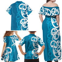 Azure Blue Maori Family Matching Off Shoulder Maxi Dress and Hawaiian Shirt Koru Kowhaiwhai - Polynesian Pride