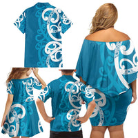 Azure Blue Maori Family Matching Off Shoulder Short Dress and Hawaiian Shirt Koru Kowhaiwhai - Polynesian Pride
