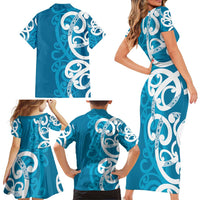 Azure Blue Maori Family Matching Short Sleeve Bodycon Dress and Hawaiian Shirt Koru Kowhaiwhai - Polynesian Pride