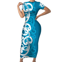Azure Blue Maori Family Matching Short Sleeve Bodycon Dress and Hawaiian Shirt Koru Kowhaiwhai - Polynesian Pride