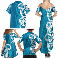 Azure Blue Maori Family Matching Summer Maxi Dress and Hawaiian Shirt Koru Kowhaiwhai - Polynesian Pride