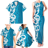 Azure Blue Maori Family Matching Tank Maxi Dress and Hawaiian Shirt Koru Kowhaiwhai - Polynesian Pride