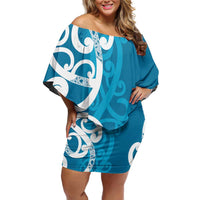 Azure Blue Maori Off Shoulder Short Dress Koru Kowhaiwhai LT7 Women Blue - Polynesian Pride