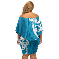 Azure Blue Maori Off Shoulder Short Dress Koru Kowhaiwhai LT7 - Polynesian Pride